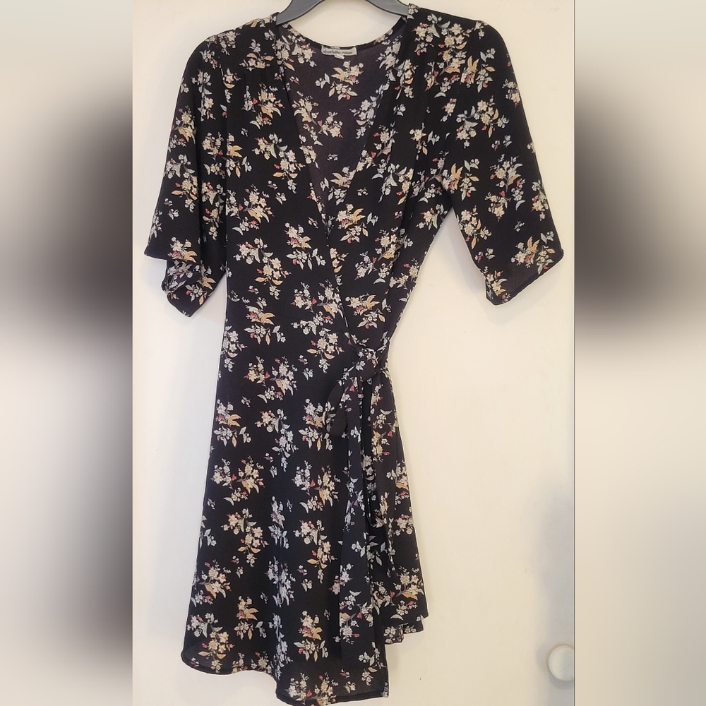 Floral Wrap Dress - Black with Pink & Cream Flowers